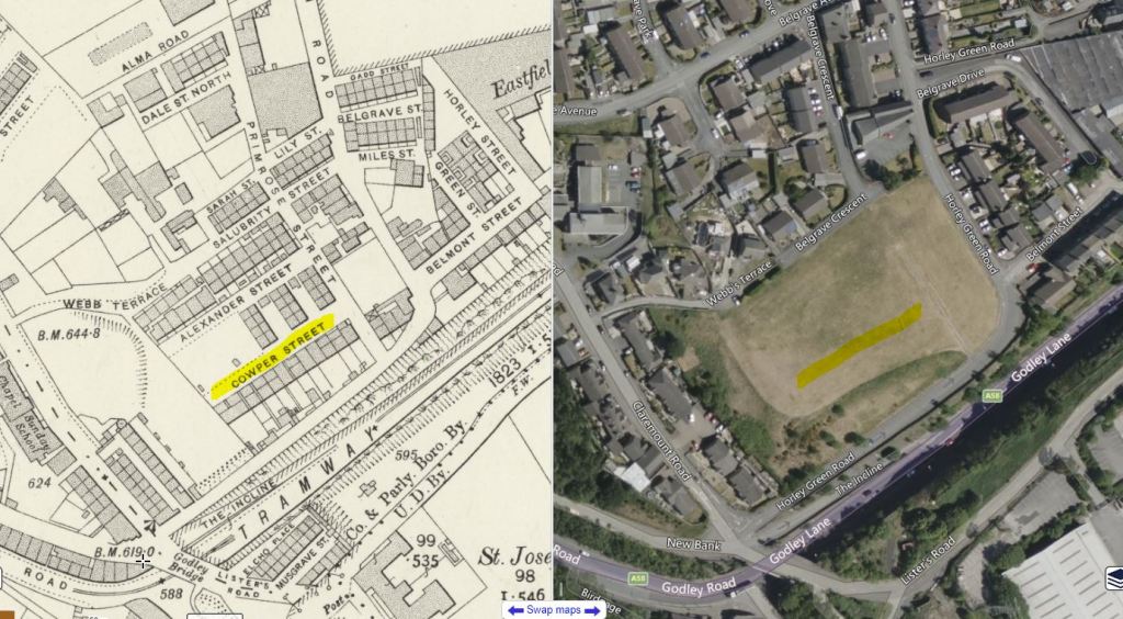 Snippet of 1890s map and modern satellite image showing location of Cowper Street, Halifax.