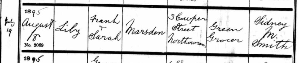 Record of baptism for Lily 19 July 1895. Baptised by Sidney M Smith.
