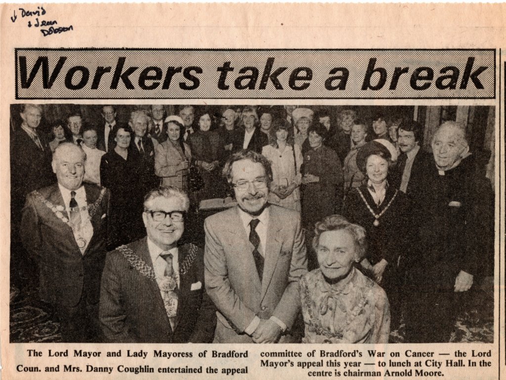 Newspaper cutting:  image of volunteers (appeal committee) and Arnold Moore, Chairman of Bradford's  War on Cancer, with The Lord Mayor and Lady Mayoress of Bradford, Coun. & Mrs Danny Coughlin. Launch of Lord Mayor's appeal. 